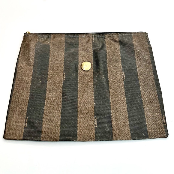 Fendi Handbags - Fendi Black and Brown Striped Toiletry Bag Clutch Pouch